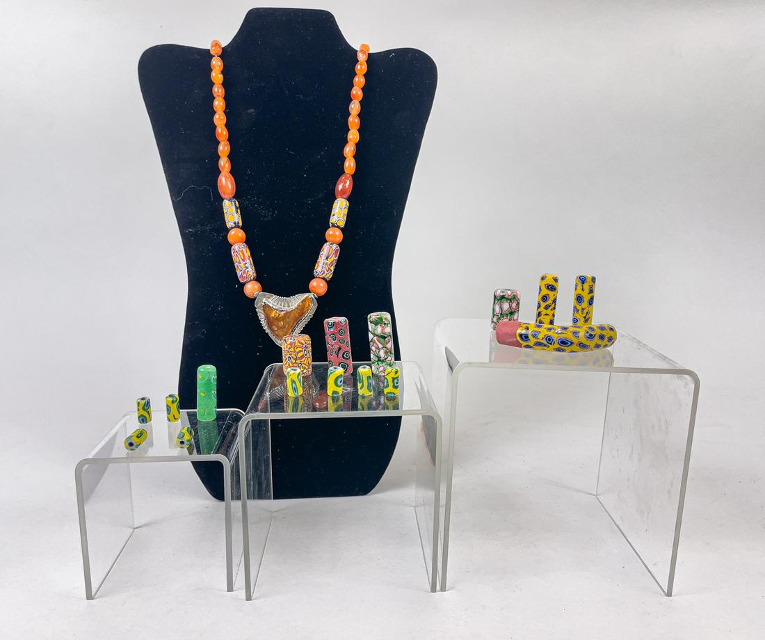 Old Trade Beads, Silver , Agnate Necklace: The group consists one necklace composed by trade beads, camel agate, silver pendant suspended on the end; ocean reef trade glass beads. Stands not included. Size varies.