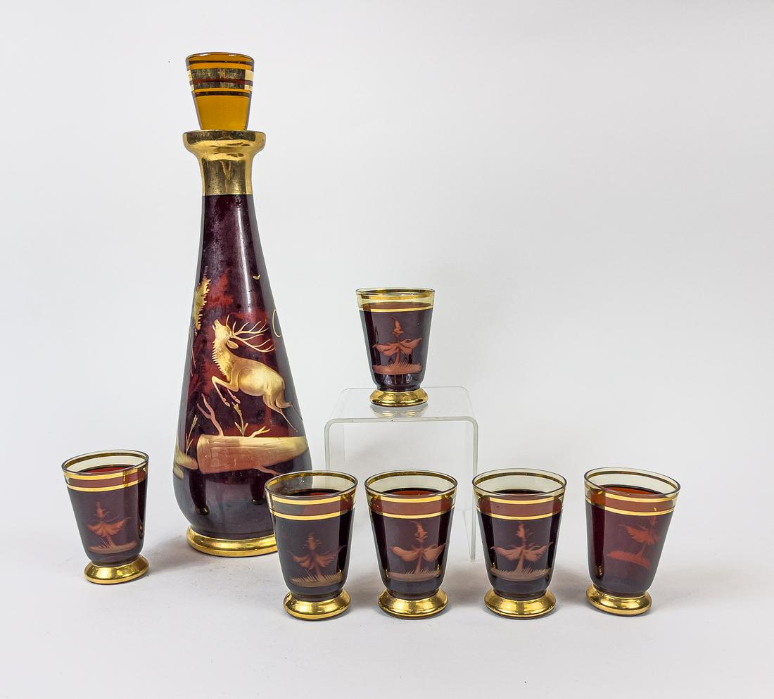 Bohemian Amber & Gold Glass Decanter & Cups (1 of 11)