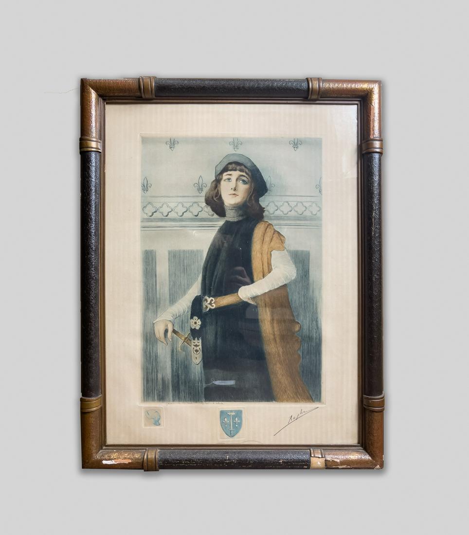 Rapha Etching Joan of Arc: Collectible framed etching print by Rapha, depicting Joan of Arc. 28.2inch H, 21.8inch W (w/ frame).