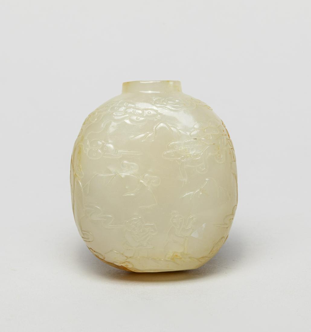 Chinese Russet Jade Snuff Bottle: Of rounded square form, skillfully carved on the white jade section with serene landscape depicting two scholars among pine trees, linghzi and rockery, the russet jade inscribed with related proses an