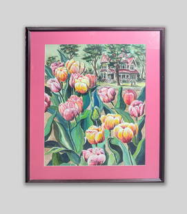 Dan Wiesendanger, Painting Of Lighthouse: Collectible painting by Dan Wiesendanger, depicting blooming flowers and a house, with acrylic frame. 36.7inch H, 29.6inch W (w/ frame).