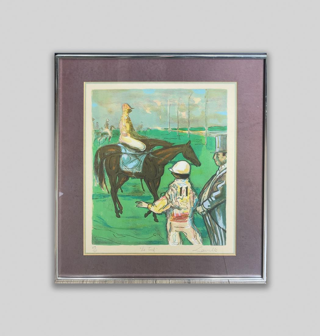 Henri Laville, Serigraph Of Le Turf: Collectible framed serigraph by Henri Laville, depicting three figures in an outdoor setting wherein one riding on a horse. 27.2inch H, 22.2inch W (w/ frame).
