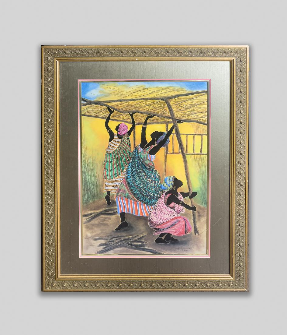 Kathleen Wilson, Woodblock Print Haitian Shelter: Collecitble woodblock print of Hatian Shelter by Kathleen Wilson, depicting three women in labor, with carved wood frame. 38.5inch H, 29inch W (w/ frame).
