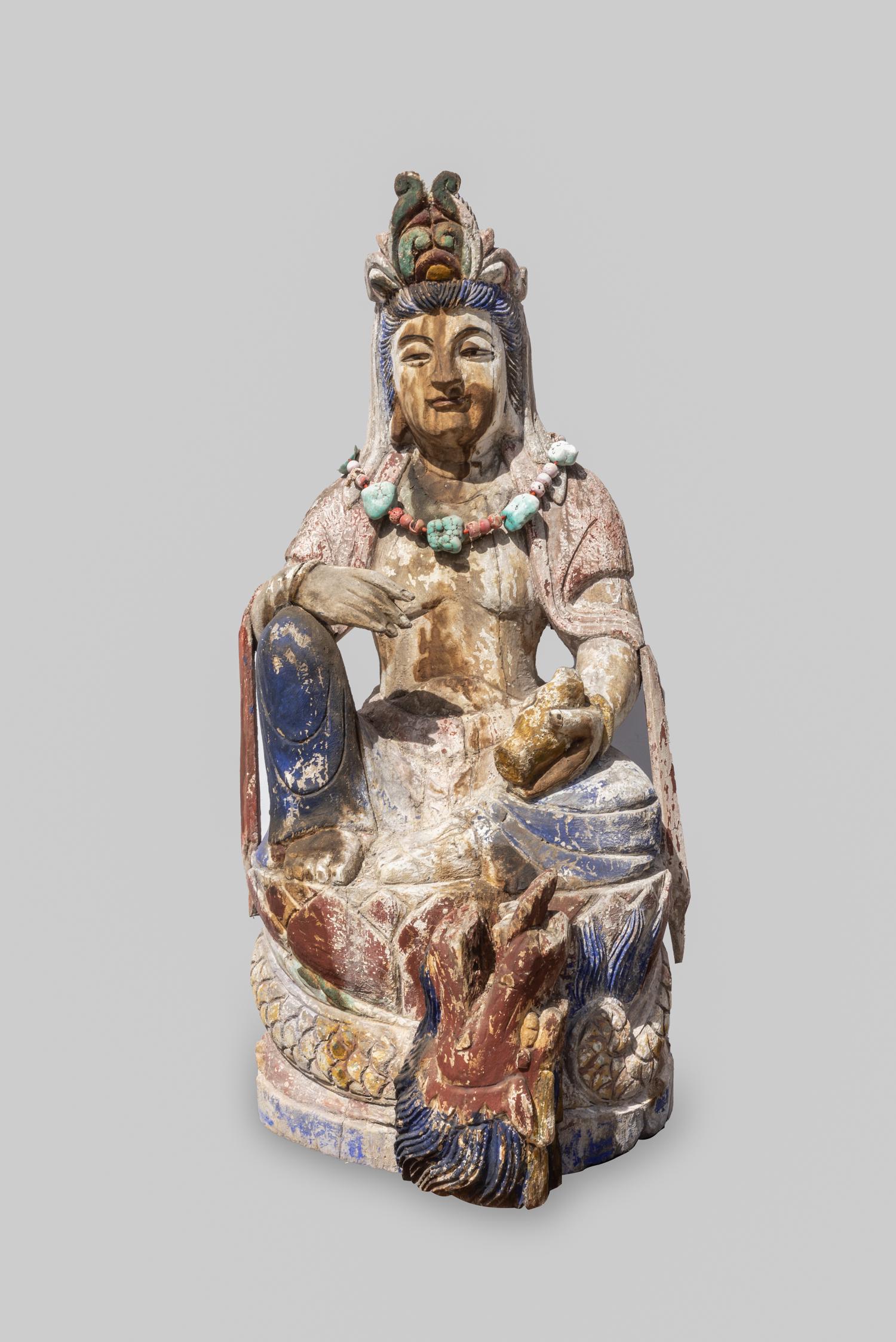 Massive Chinese Painted Wood Buddha w/ Necklace (1 of 13)