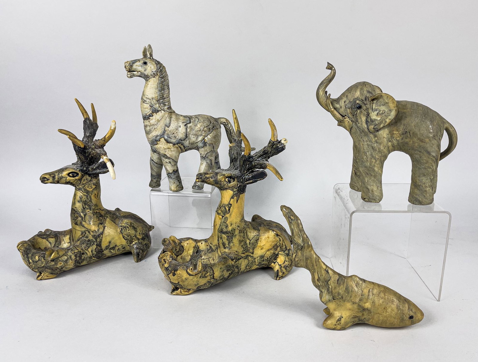 Collectible Shell Table Wares: Group of 5 collectible shell table wares, form of deer, elephant and horse, minor chips, stands not included. 8.25inch W, 9.5inch H (largest)