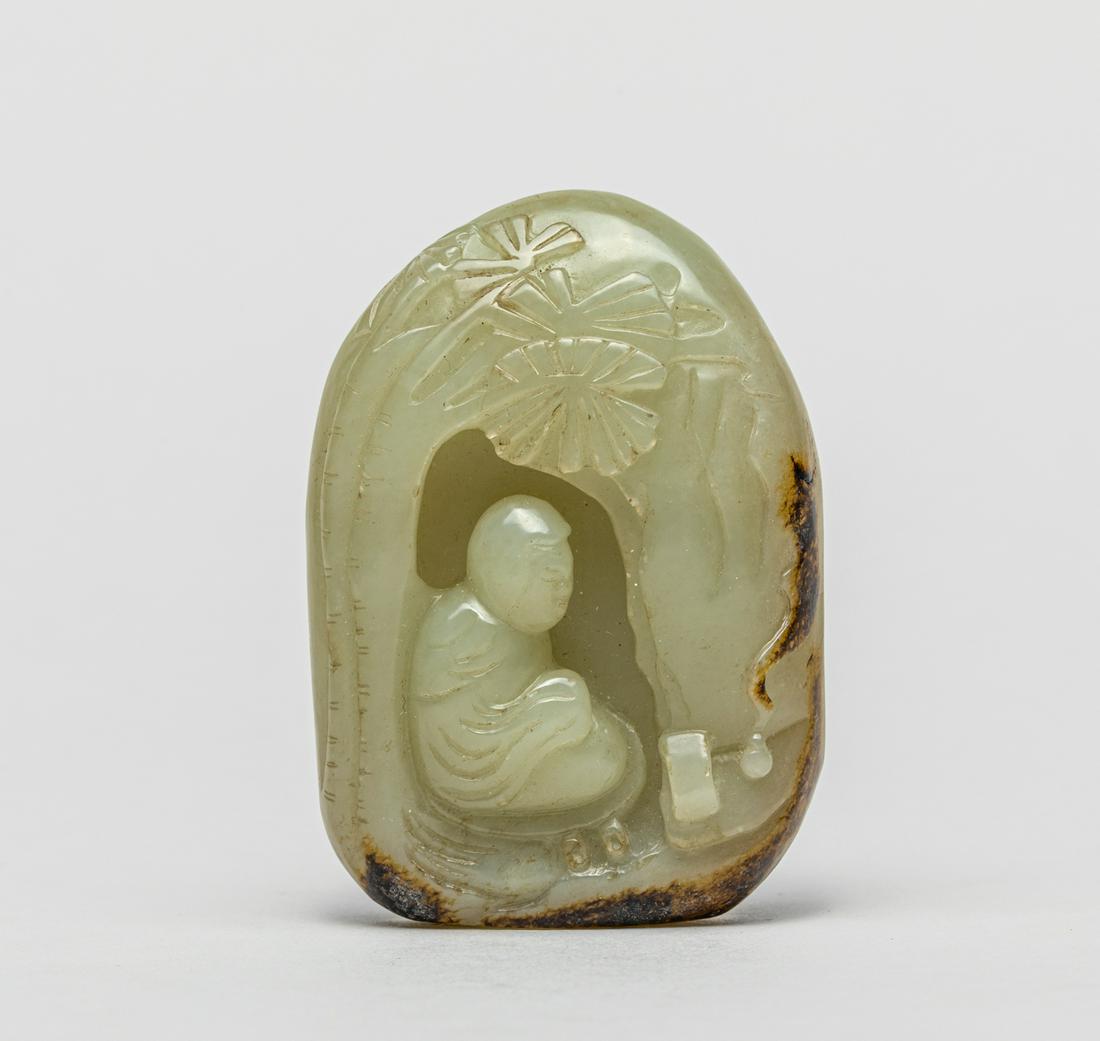 Chinese Russet Jade Carving: Skillfully carved to one side in multiple layers of relief with a figure seated below trees with a stand and a gourd aside, the reverse with craggy rockwork, the stone in a pale celadon color with dar