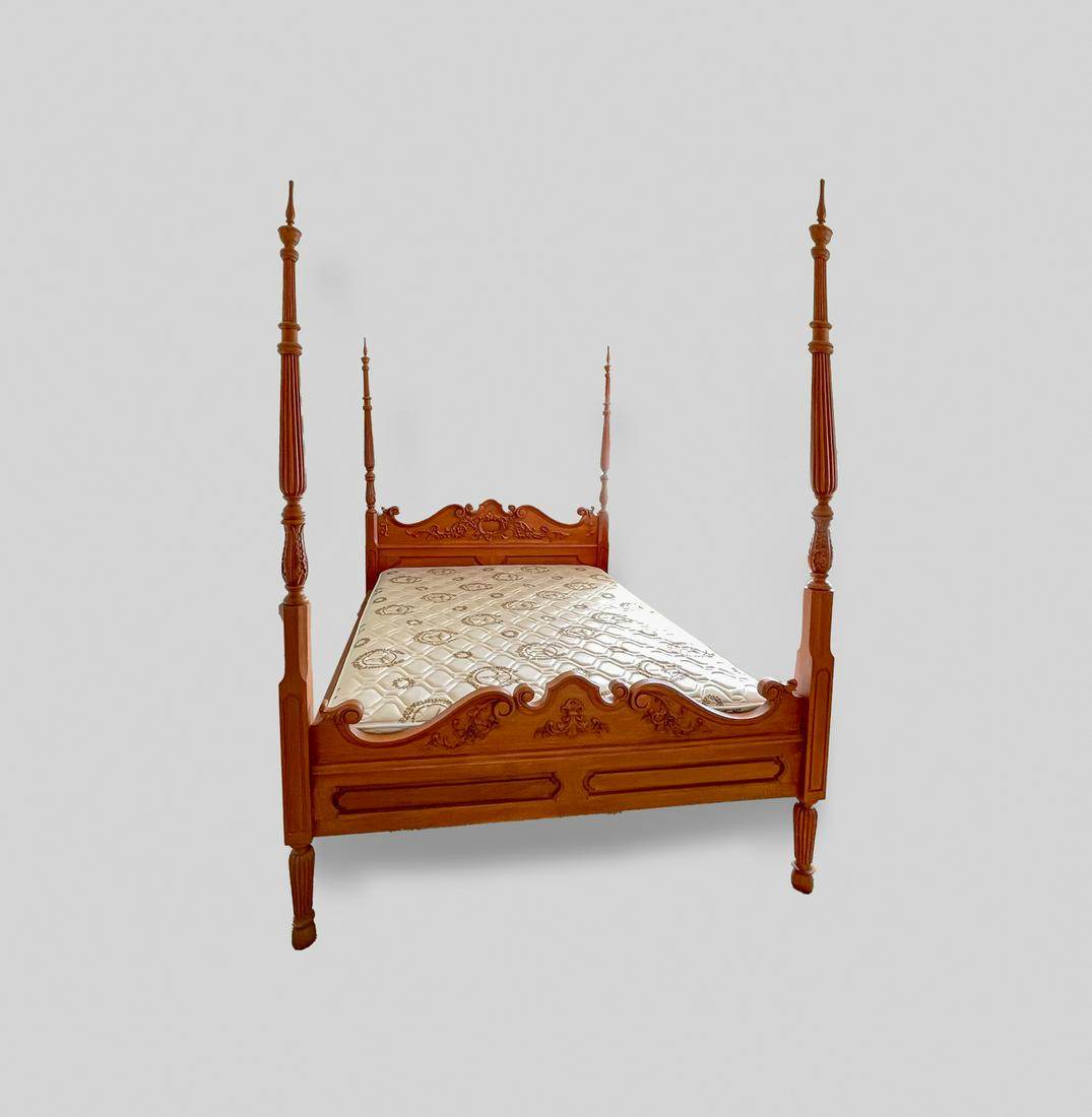 Designed Queen Bed Frame: Collectible Mid Century wood bed frame, the panels at the head and foot carved in scrolling style. Standard queen size.
