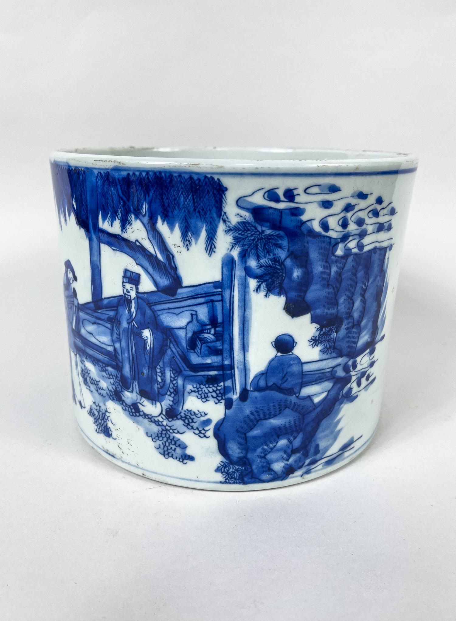 Collectible Chinese Blue White Porcelain Brush Pot: Of cylindrical form, the exterior painted with figures in landscape setting, the bottom marked with four characters. 7.5inch W, 6inch H.