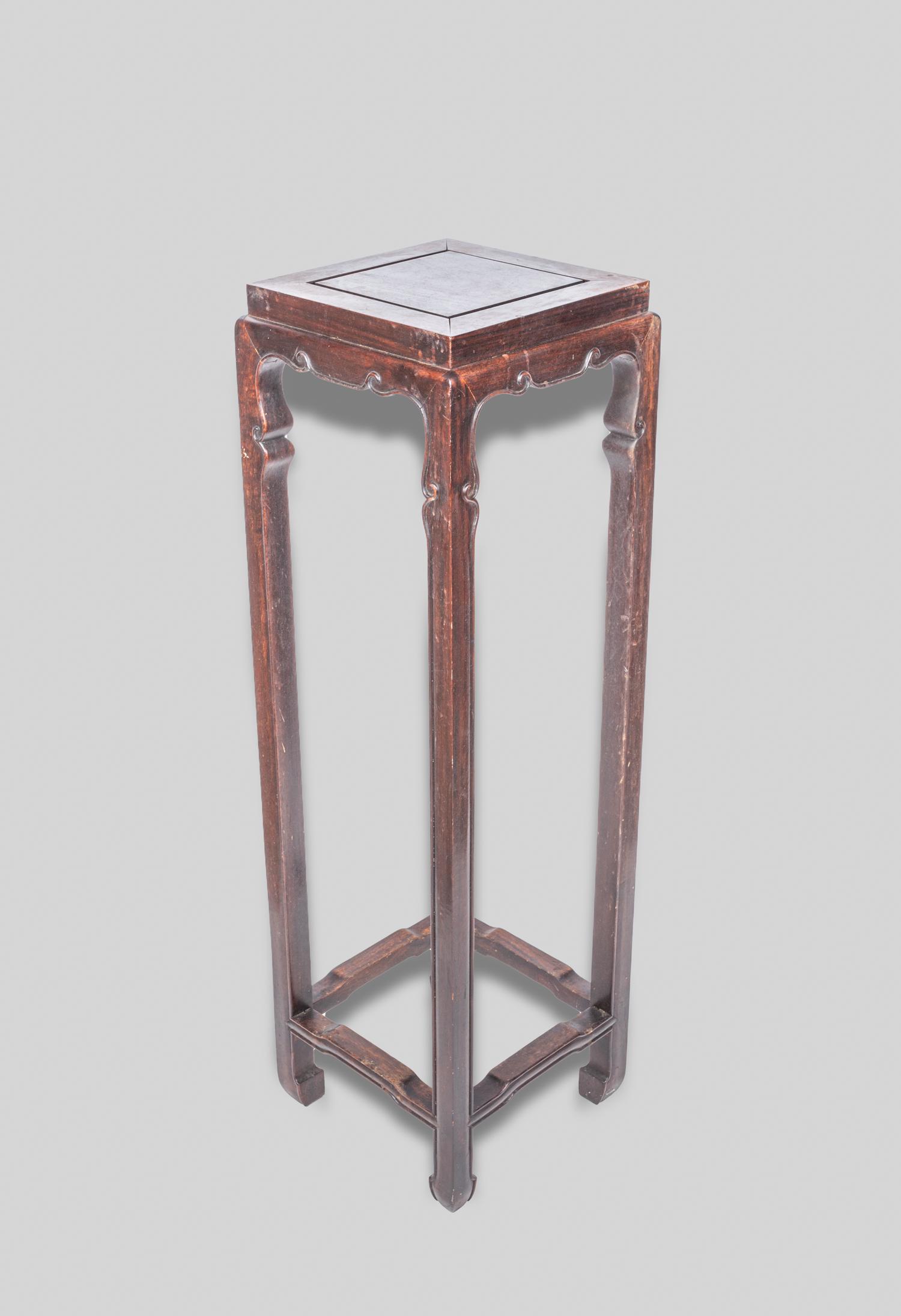Estate Chinese Wood Tall Stand: Vintage Chinese tall wood carved stand of square section. 11inch L, 11inch W, 36 inch H.