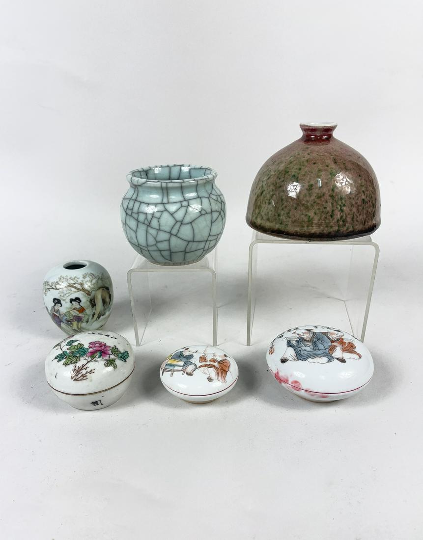 Estate Chinese Porcelain Water Pots & Boxes: Including three porcelain water pots and three covered ink pads, the pots applied with dark red or crackled pale blue glaze, or painted with ladies amidst landscape, the ink pads painted with boys or 