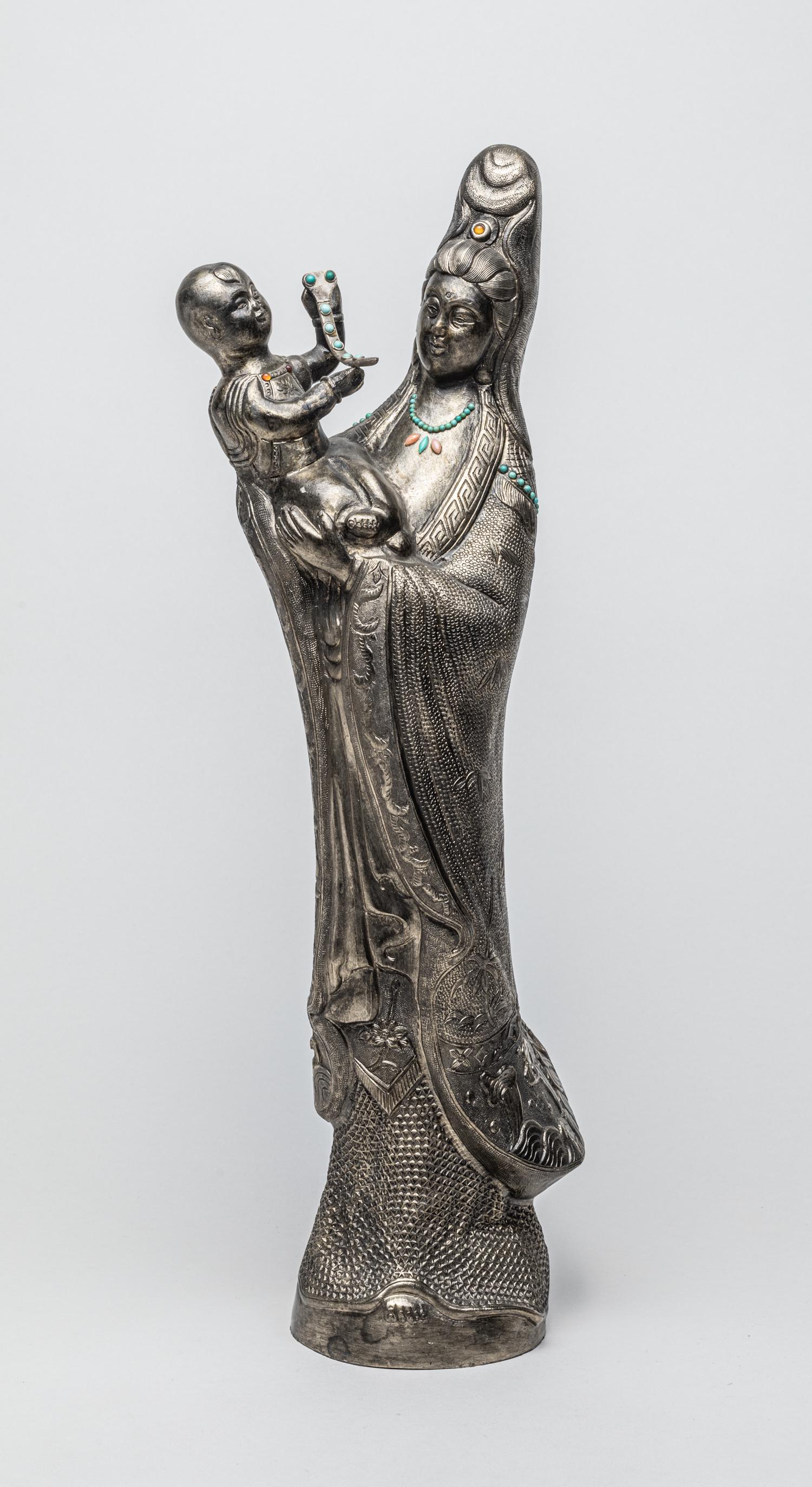 Large Chinese Silver Plated Figure Inlaid Gemstone (1 of 13)