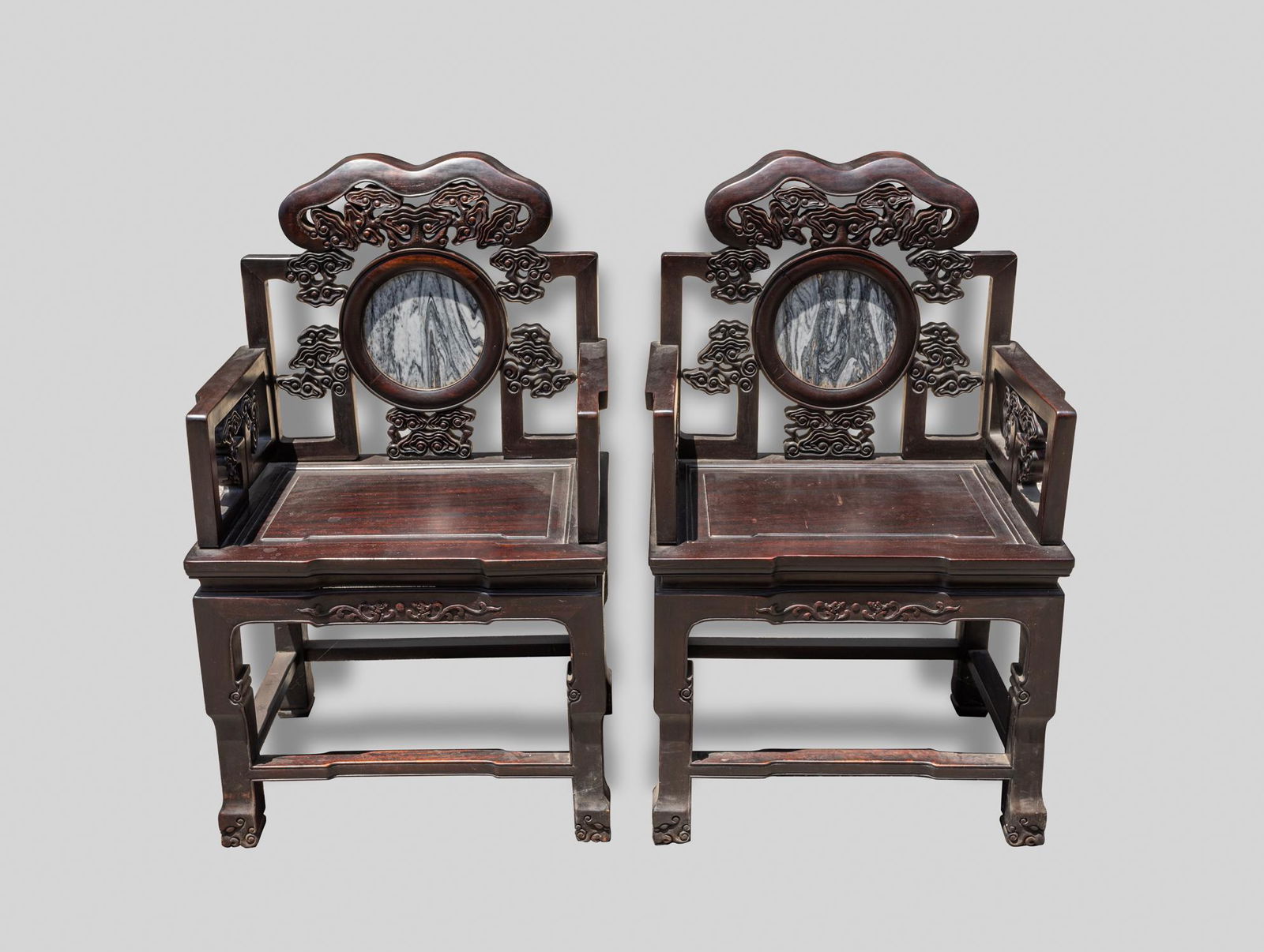 Pair Chinese Wood & Marble Arm Chairs (1 of 16)