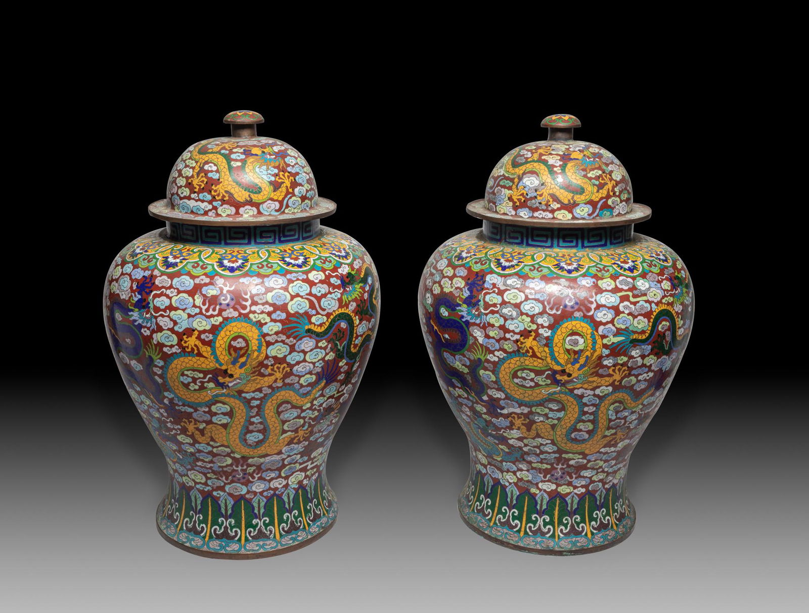Pair Large Chinese CloisonnÃ© Covered Jars (1 of 12)