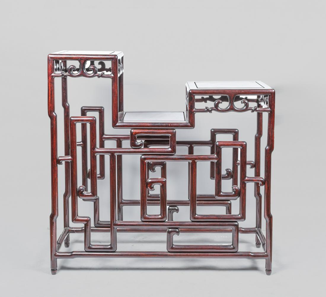 Vintage Chinese Rosewood Stand: Collectible Chinese rosewood carved stand, modeled with three square panels at various heights. 38inch H, 38.5inch L, 12inch W.