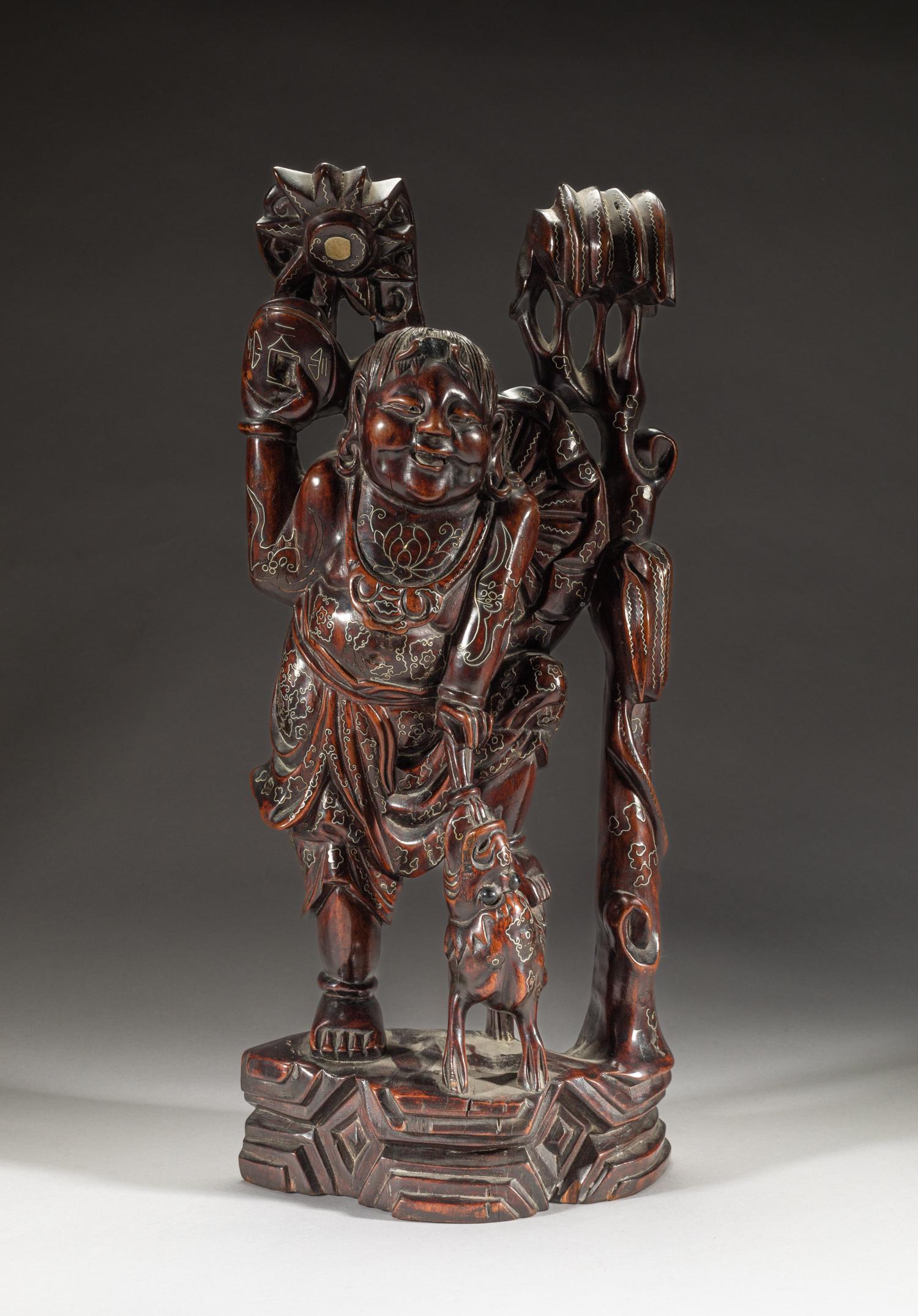 Antique Chinese Tall Wood Figure Inlaid Silver (1 of 12)