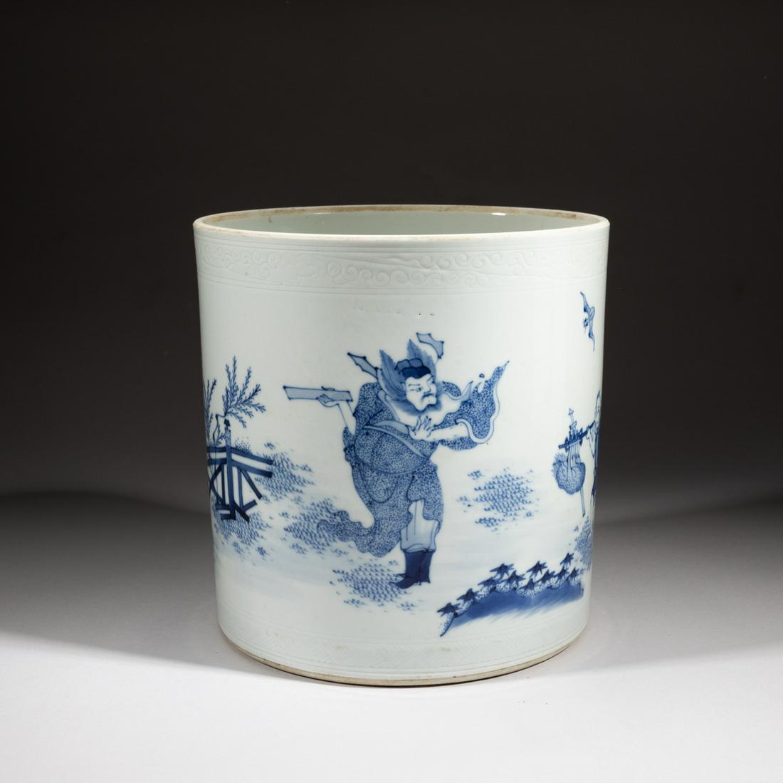 Massive Chinese Blue & White Porcelain Brush Pot: Of cylindrical form, the exterior painted with a general holding a tablet, a servant holding a shall suspending a deer and books, a bat and a pair of deers in the landscape ground, the unglazed base r