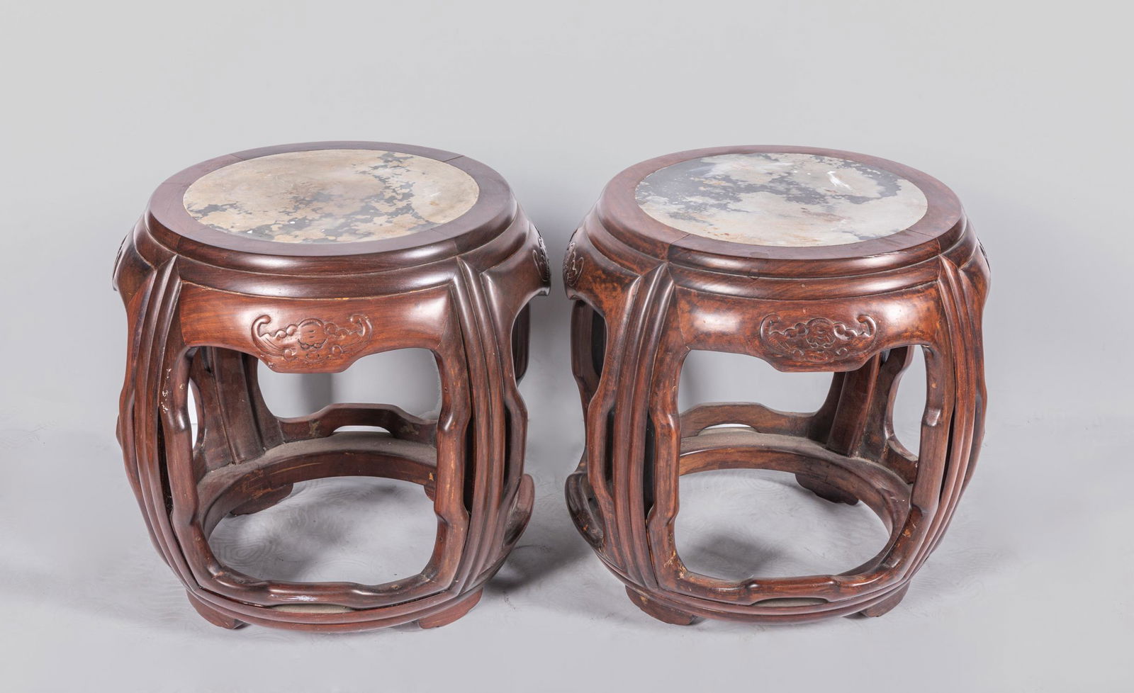 Pair Chinese Wood Drum Inlaid Marble (1 of 9)