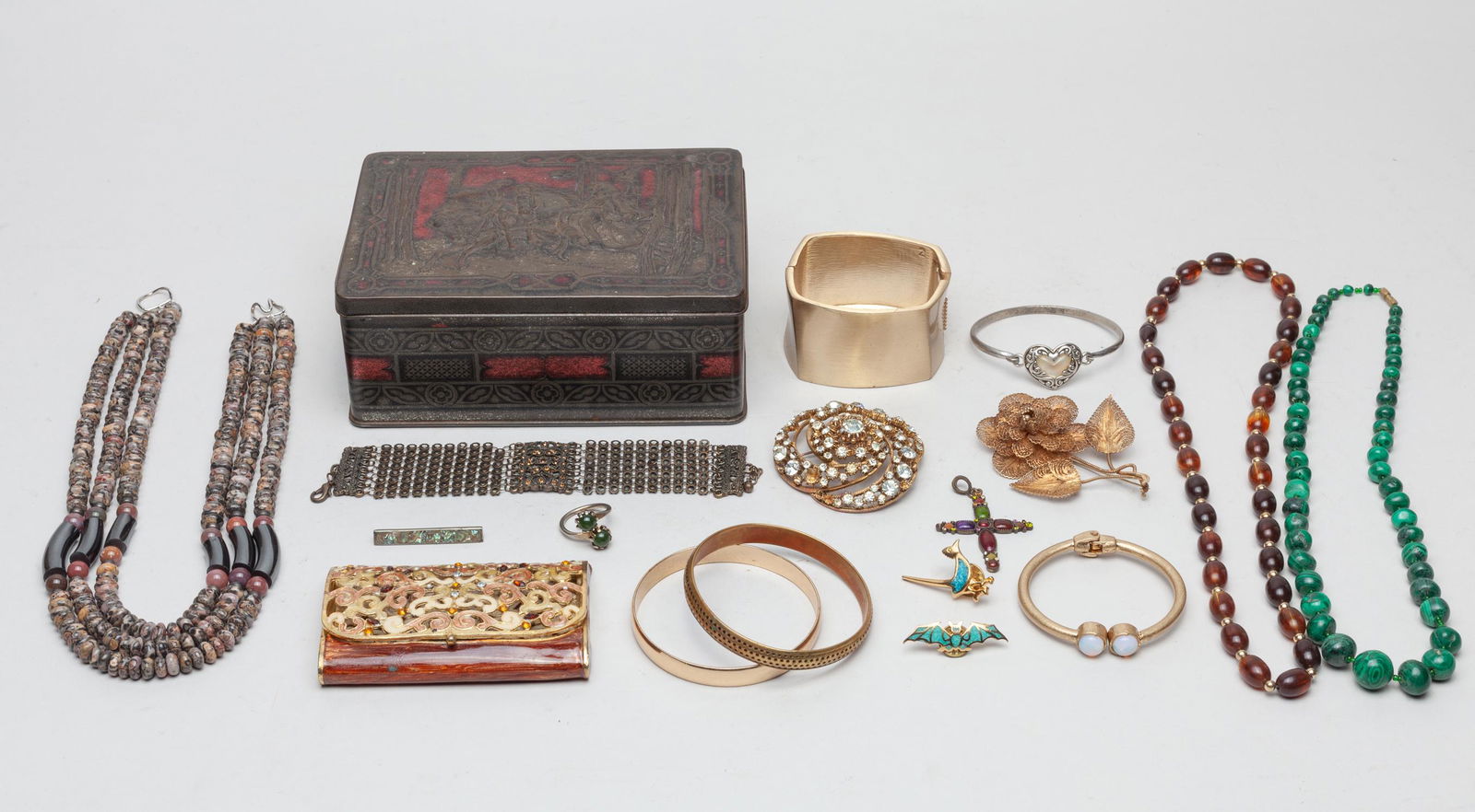 Estate English Victoria Type Jewelry: Including bracelets, bead necklaces, brooches, cufflinks, a ring, a pendant and a card holder, about 17 pieces in total, with a box. 22inch L (largest).