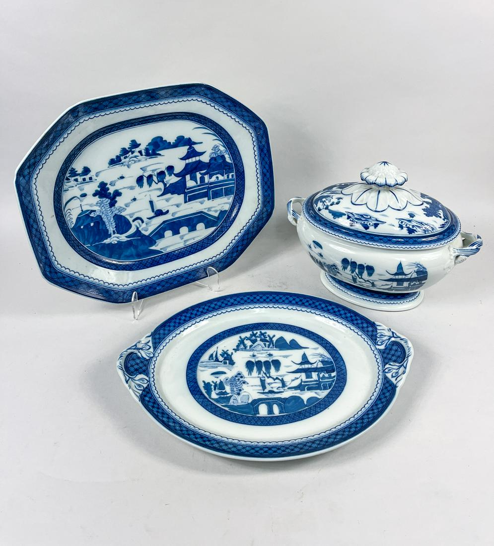 Portugal Mottahedeh Porcelain Dinning Service: Including a bowl centerpiece with a cover and a tray and a large plate, decorated with rive landscape scenes, each bottom marked Mottahedeh Vista Alegre Portugal. 17.1inch L, 12.5inch W, 10.5inch H (b