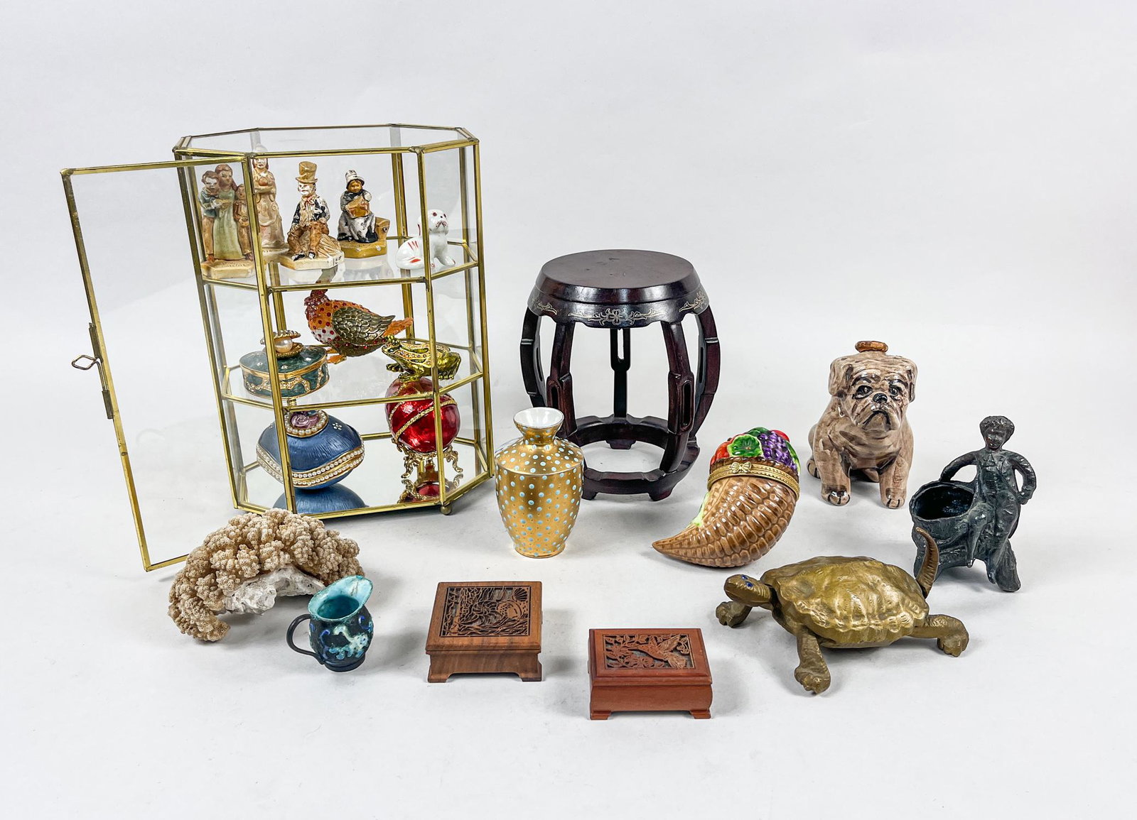 Collectible Continents Enameled Box & Jewelry: Including enameled cases, cabinet vases, wood music boxes, figure type table sculptures, animal type table sculptures, a coral style decor, a glass display case, a wood stand. 6.7inch L, 4.7inch W, 9.