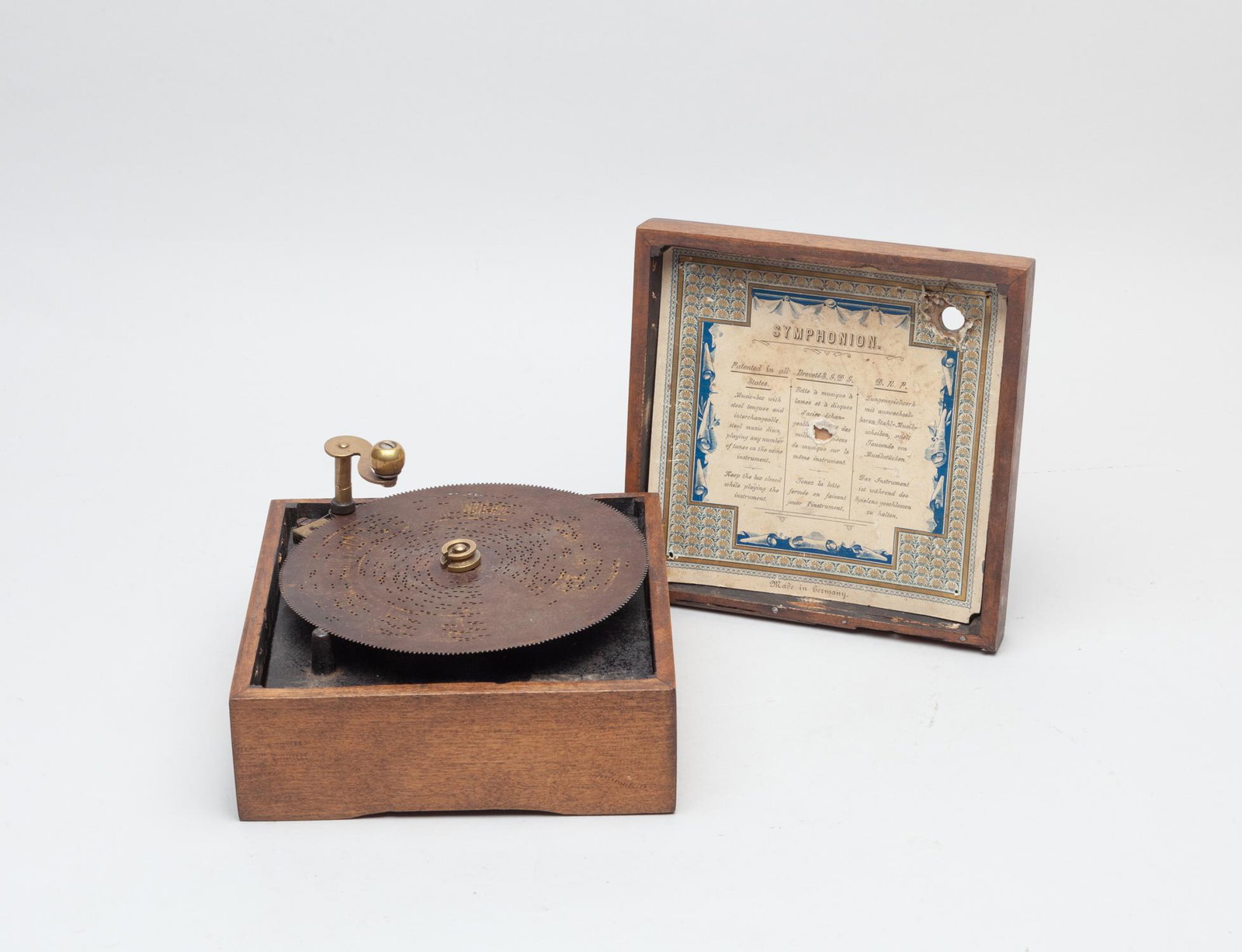 Antique Music Box: Collectible old music box with a wood case. 6.5inch L, 6.5inch W, 3.1inch H (case size).