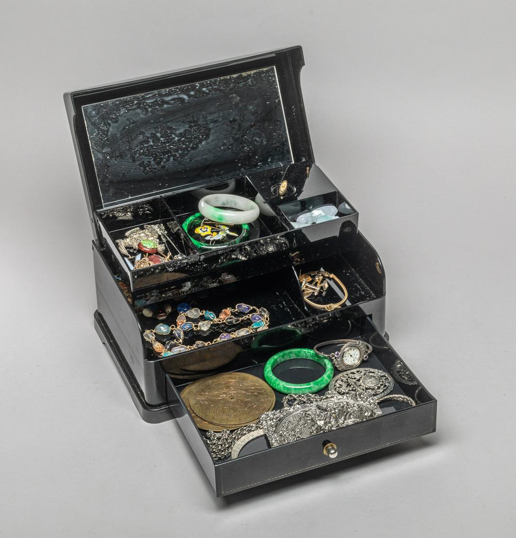 Estate Chinese Bangle, Jade & Jewelry, Lucy Peek: Large lacquer jewelry box, with high quality custom jewelry, Chinese bangles, jade toggles. Lucy Peek, Pasadena, 1998. 10.6inch L, 6.7inch W, 4.75 inch H. (box size).