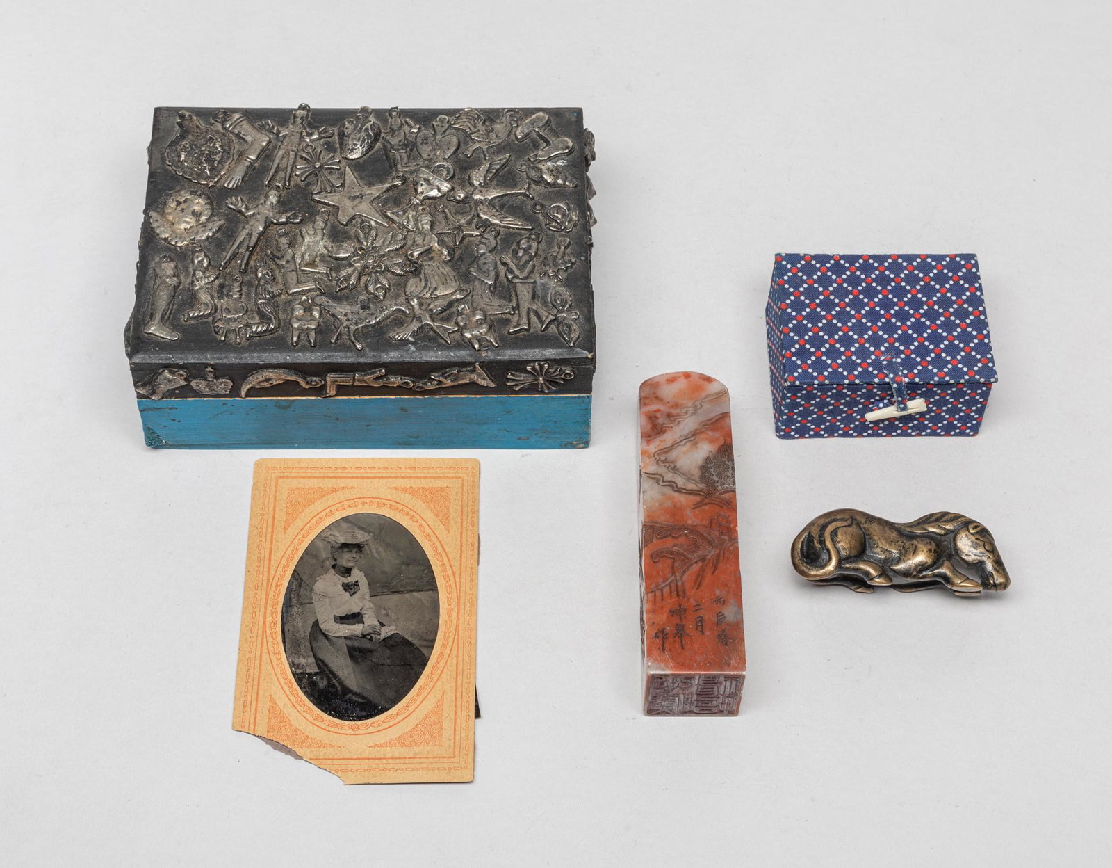 Chinese Stone Seal & Stand: Box of Chinese large stone seal, carved figures & landscapes, chicken-blood color, with a bronze horse type brush stand, and a tin type photo, Joe Lee, Pasadena, 1990. 5.8inch L, 4.25inch W, 2.25 inch