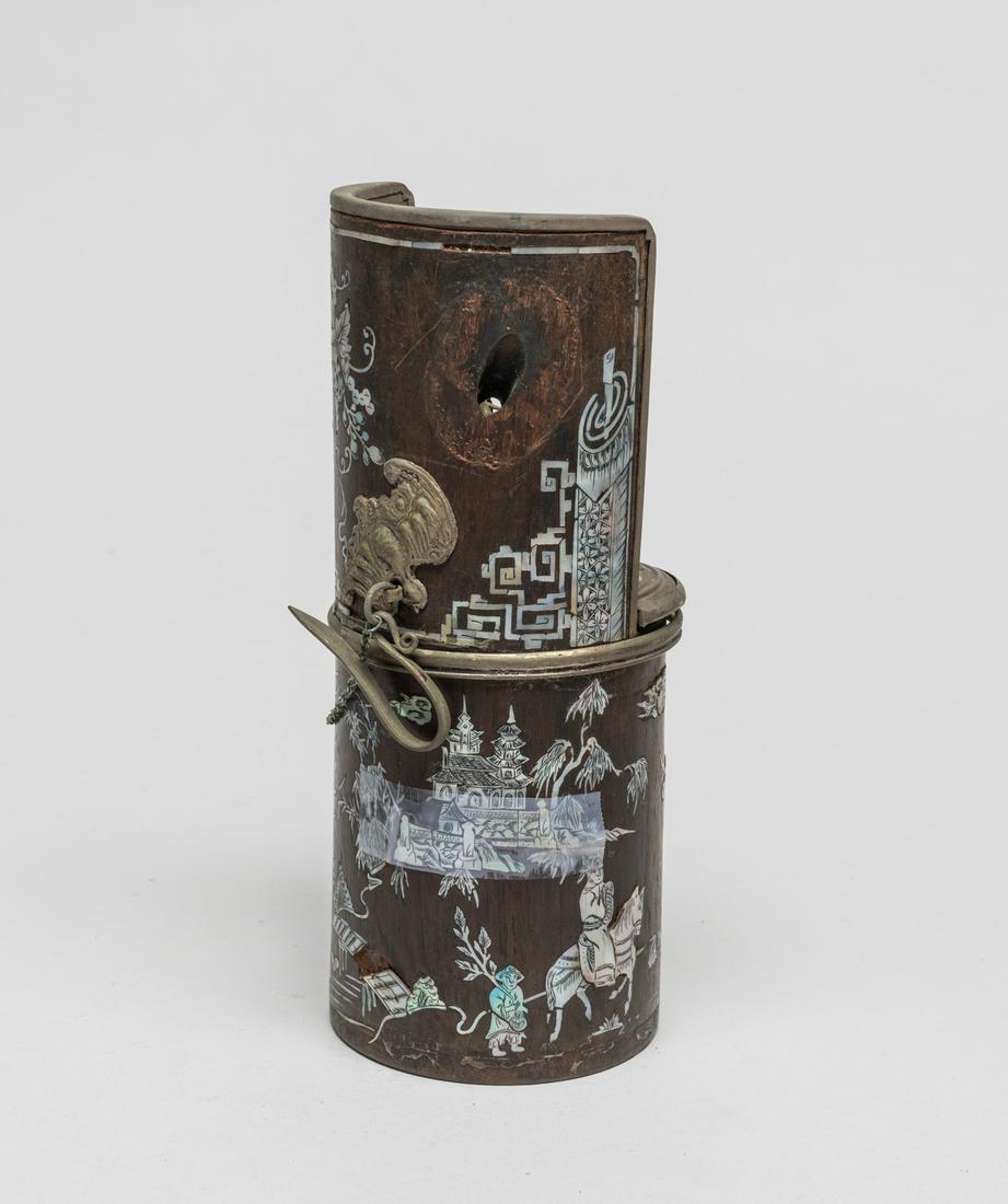 Chinese Wood Pipe Tool Inlaid MOP: Rare wood carved pipe tool, inlaid with mother of pearl as figures in landscape at the lower section and gourds at the upper, set with a chain connecting the lid and body. 7.7inch H, 3.2inch W.