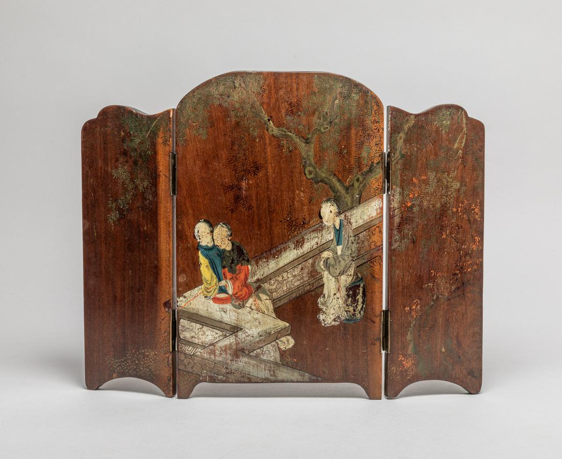 Antique Chinese Painted Wood Table Screen: Collectible wood table screen, painted to one face with three ancient ladies in a garden setting with flower trees. 15.1inch L, 12.1inch W.