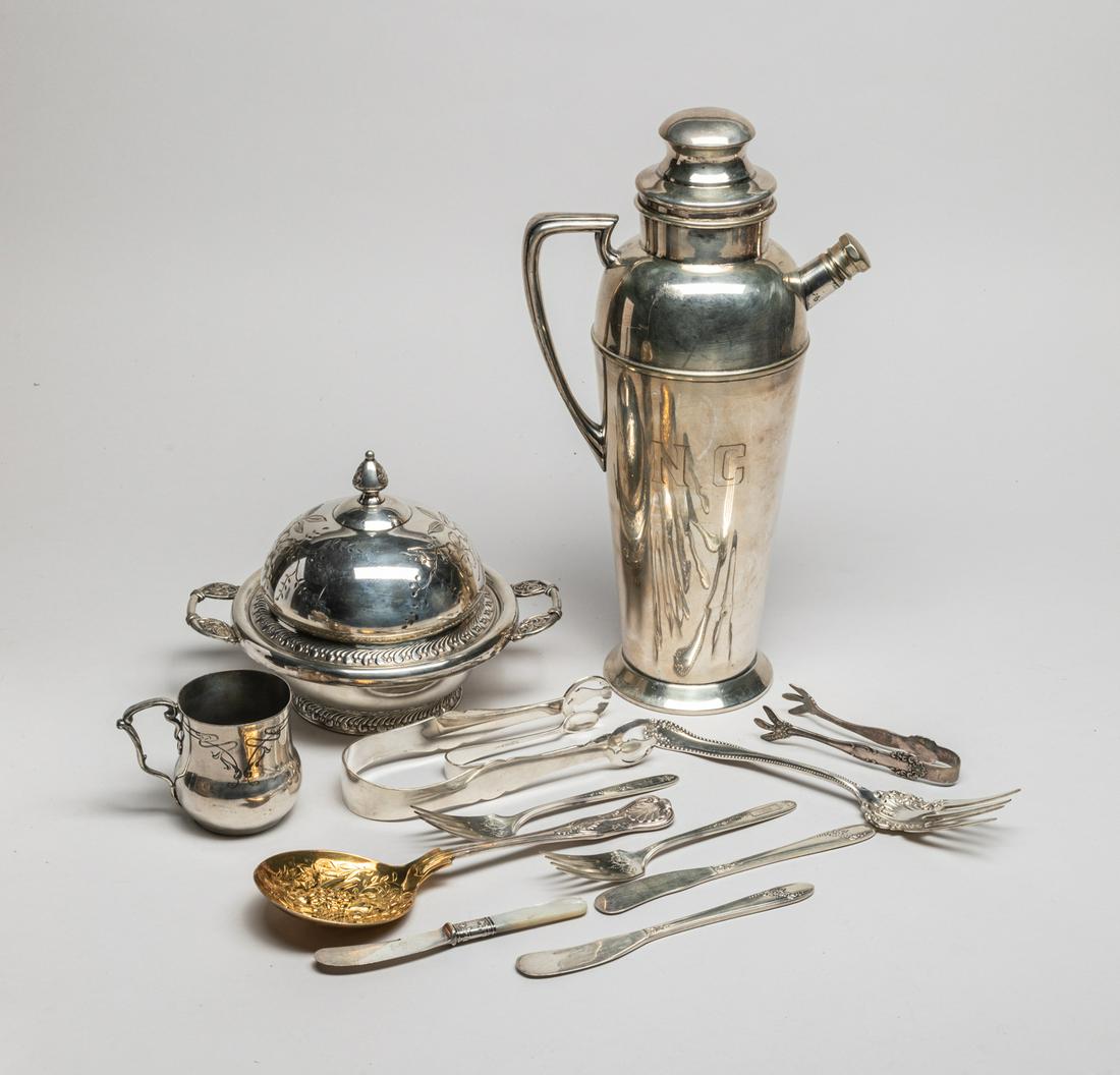 Set Silver Plated Flatwares: Including a pot, a covered bowl, a cup, serving spoon and fork, table forks, butter knives and tongs, about 13 pieces in total. 13inch H, 7.5inch L, 4.5inch W (largest).