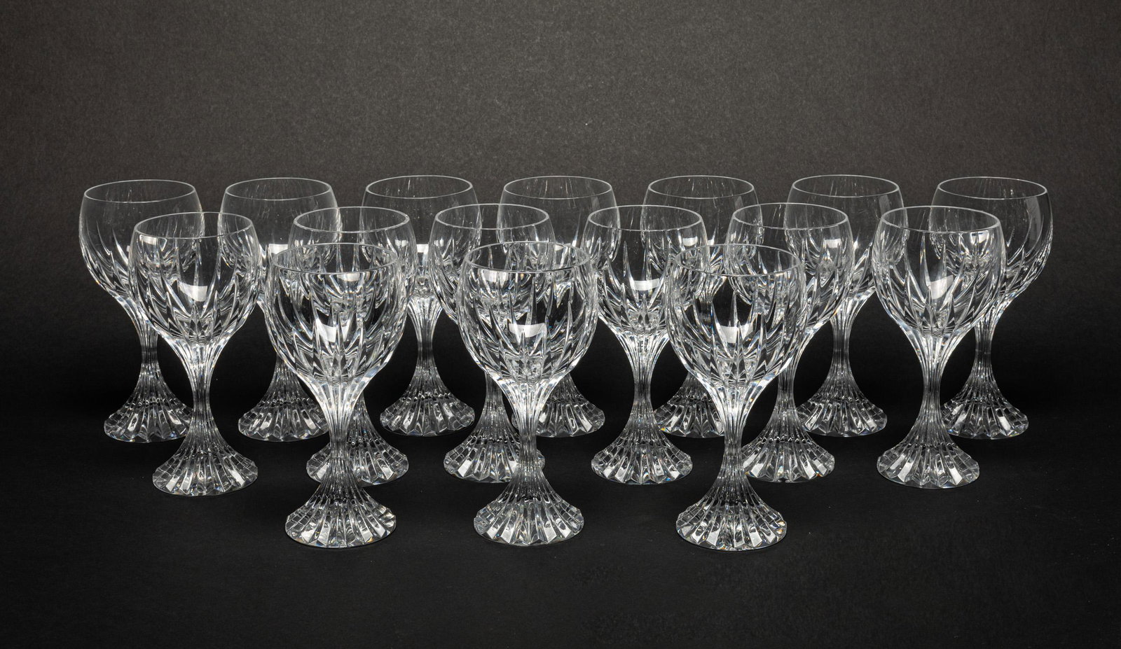 5.9 Inch Baccarat Massena Crystal Glass Wine Cups: Minor chipped on one cup rim. Collectible Baccarat Massena red wine glass, the deep orgue bevel cuts are etched directly into the clear crystal, radiating from the foot of the glass to the base of the