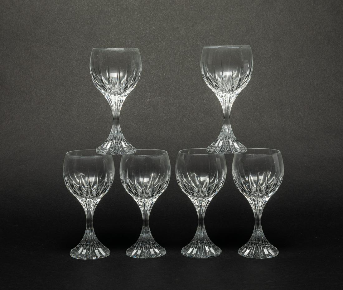Baccarat Massena Crystal Glass Wine Cups: Set of 6 Baccarat Massena red wine glass, the deep orgue bevel cuts are etched directly into the clear crystal, radiating from the foot of the glass to the base of the wide bowl, each bottom marked Ba