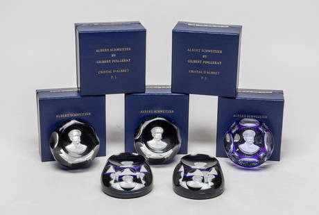 Albert Schweitzer Sculpture Paperweight: Group of five decorative limited edition glass paperweights, of Albert Schweitzer by Gilbert Poillerat, each base marked CR. ALBERT FRANCE, with boxes. 1.67inch H, 3inch W (largest w/o box).