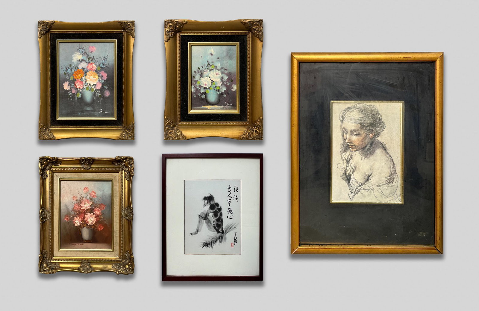 Vintage House Oil Painting & Lithography: 5 pieces estate collectible house decor oil painting & lithography. 17.5inch W, 21.5 inch H. (largest)