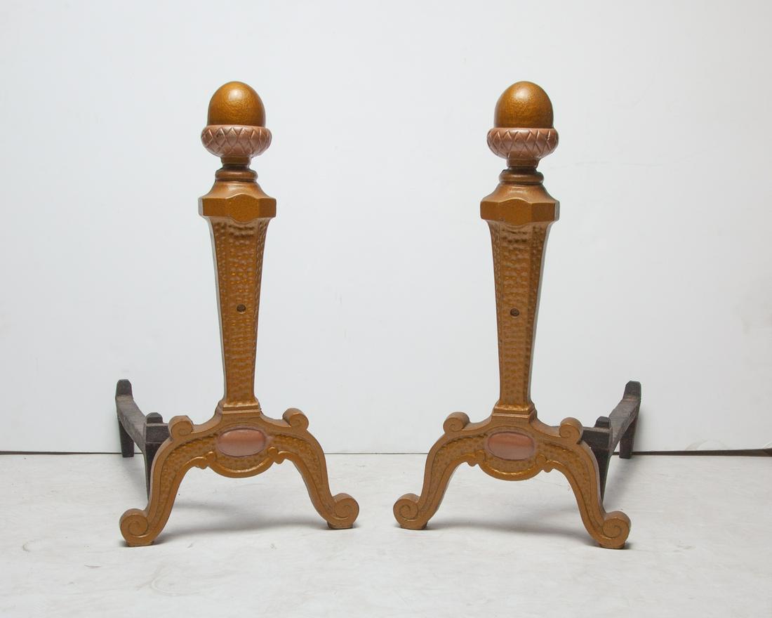 Pair Vintage Gold Color Andiron Brass: Pair Andiron brass. 19 inch H; 17.5 inch L (each).