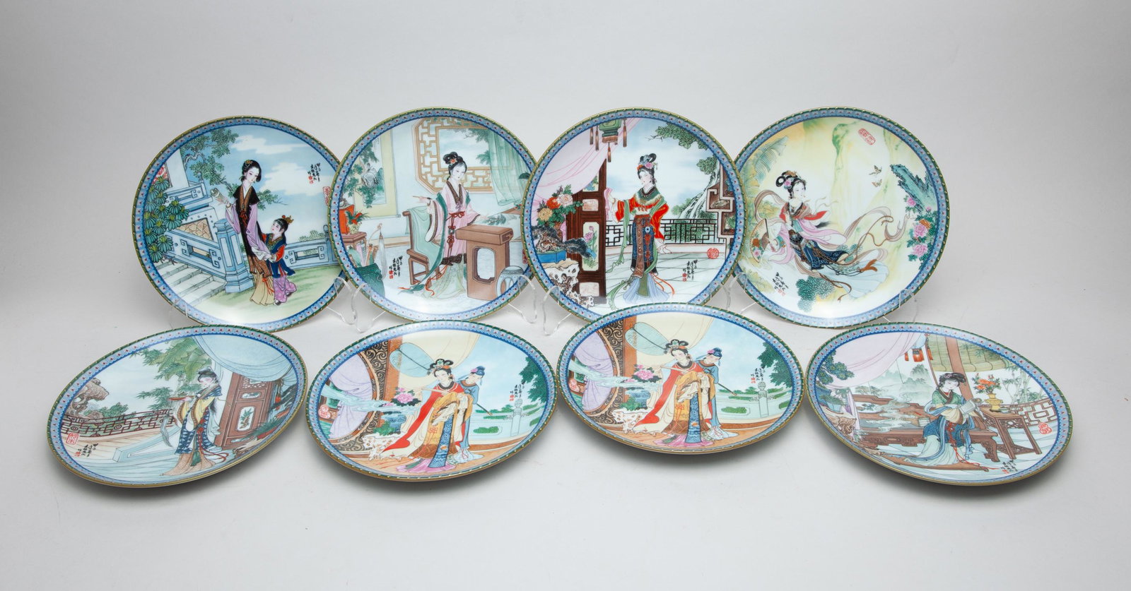 Chinese Export Famille Rose Porcelain Plates: Set of eight, Chinese export famille rose porcelain plates, decorated with figures & landscapes. 8.5 inch D.
