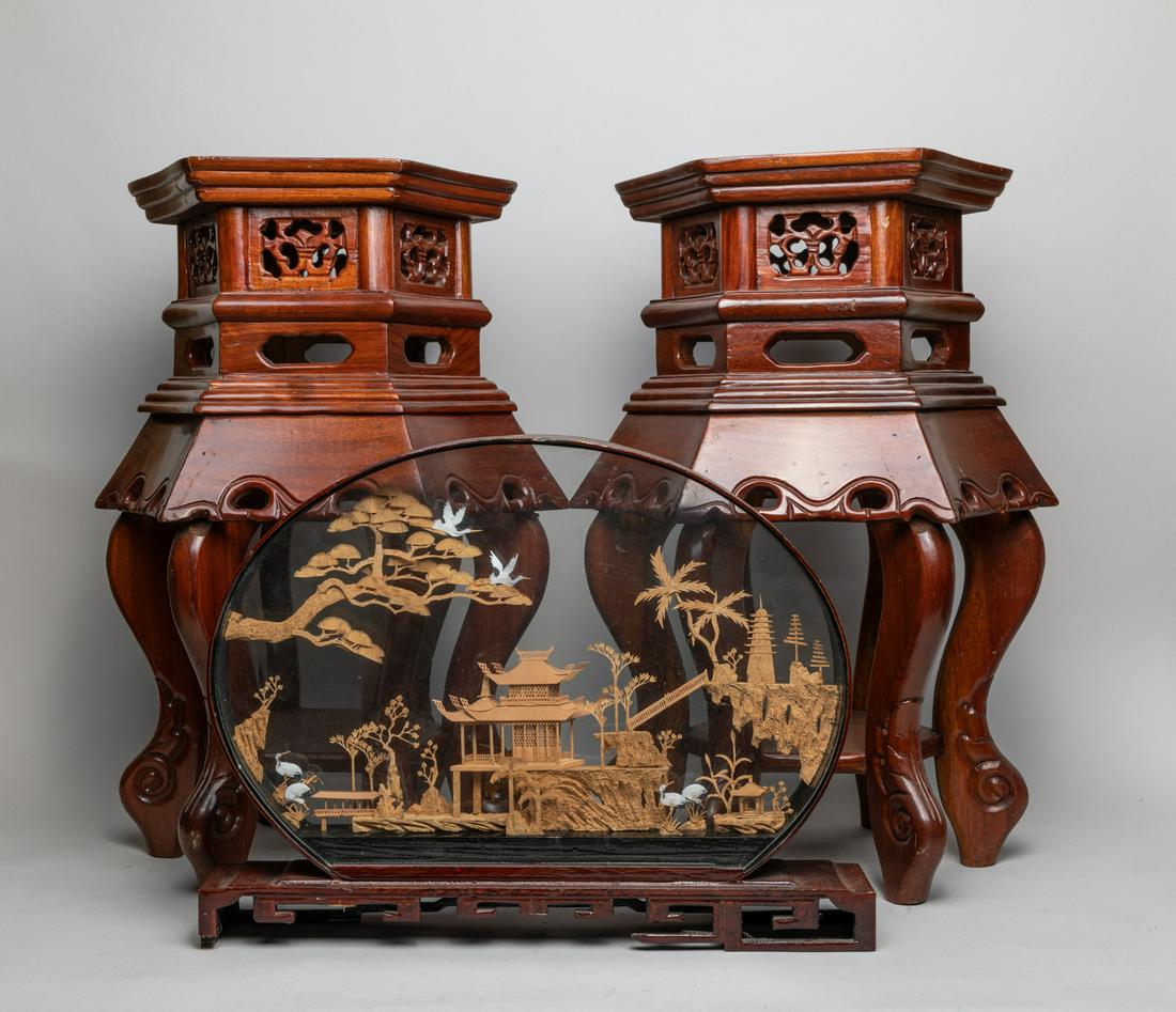 Pair Chinese Tall Wood Stand & Decor (1 of 12)