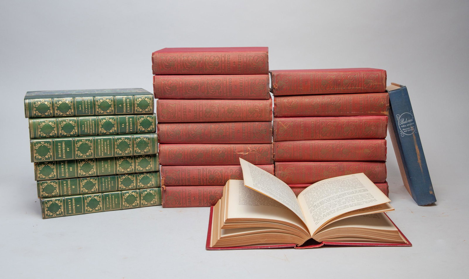 Collectible Vintage Books: A large collection of 1 vintage book by Vina Delmar, 6 books by Robert Browning, 14 books by The Library of Oratory. Size varies.