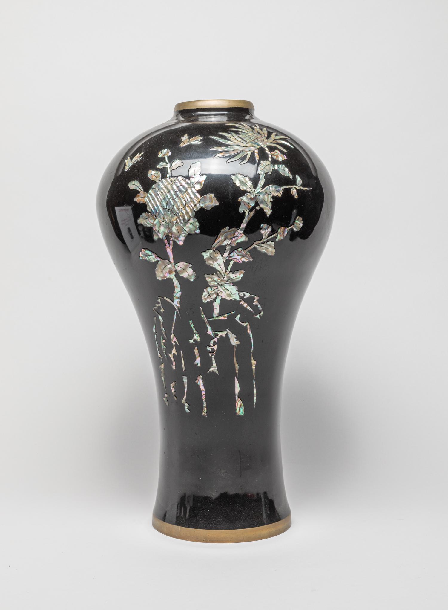 Large Korean Lacquer on Brass With Inlaid MOP: The exterior inlaid with mother of pearl as butterflies and flowers on an even black ground. 16.1inch H, 9inch W.