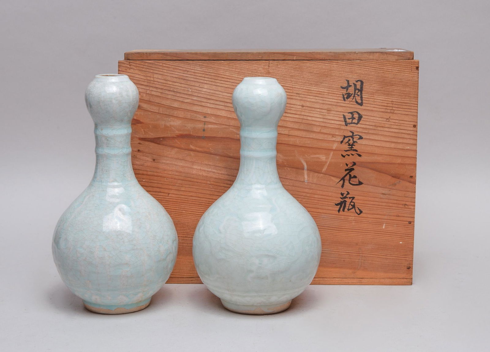 Pair Chinese Celadon White Glazed Porcelain Vase: Pair Chinese porcelain cabinet vase, glazed in celadon white color, decorated with bird, with box. 9 inch H; 4.5 inch W (vase size).