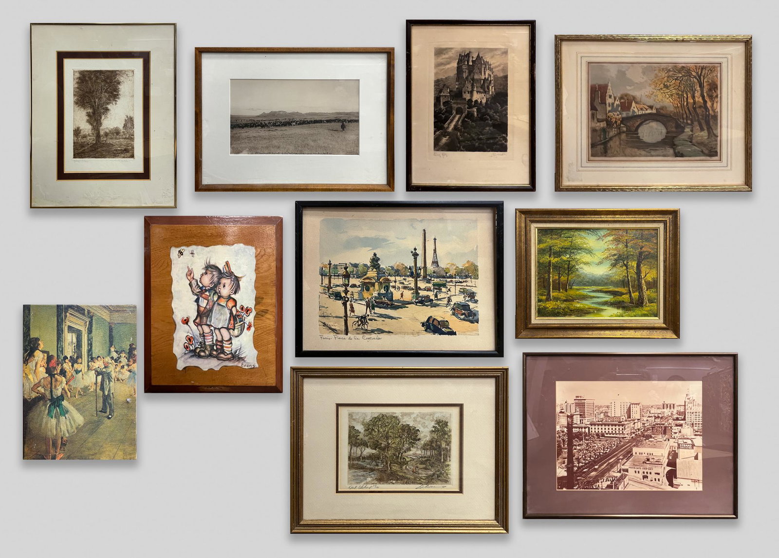 Estate Oil Painting, Lithigraphy & Decors: Large set estate wall hanging including oil painting, lithography & hanging decors. 20.25-24.25 inch. (largest).