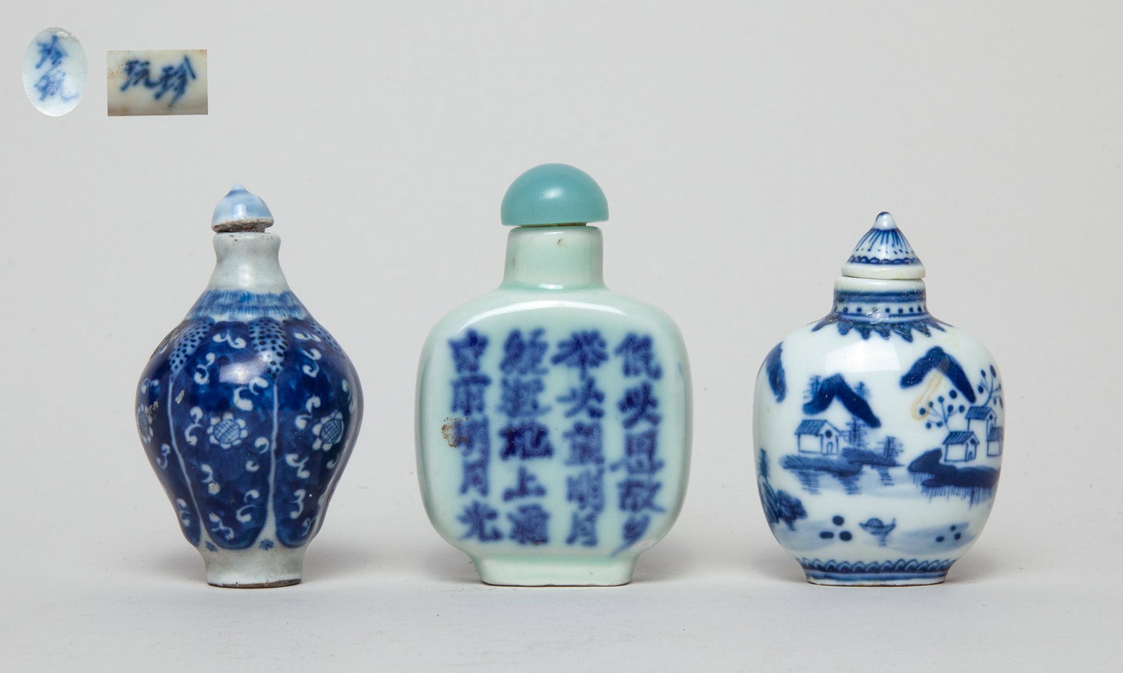 Set Chinese Blue & White Porcelain Snuff Bottle: Three as a group, one of lobed vase form painted the exterior with flowers and leaves, the bottom marked with two characters, one of bulbous square form painted with a continuous landscape scene, the 