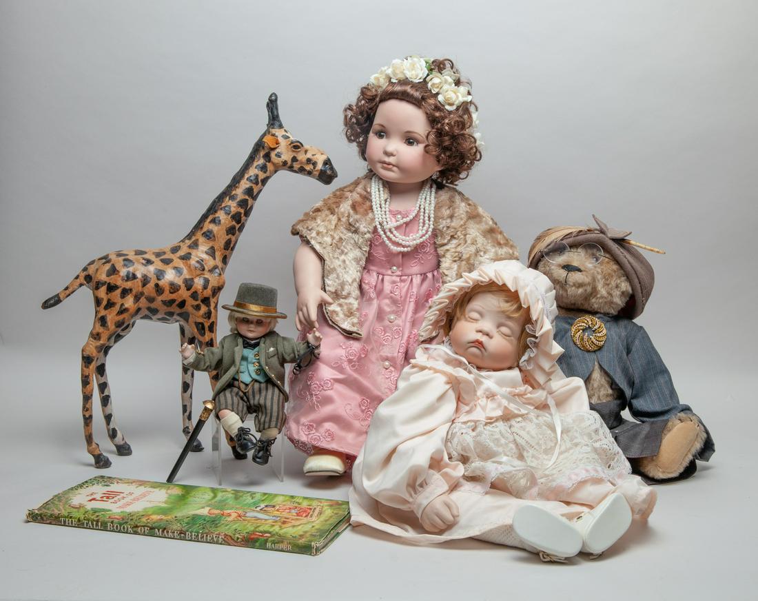 Doll & Porcelain Girl Collection: Including three toy dolls, a bear toy and a giraffe sculpture. Approx. 21inch H, 10.5inch W (largest).