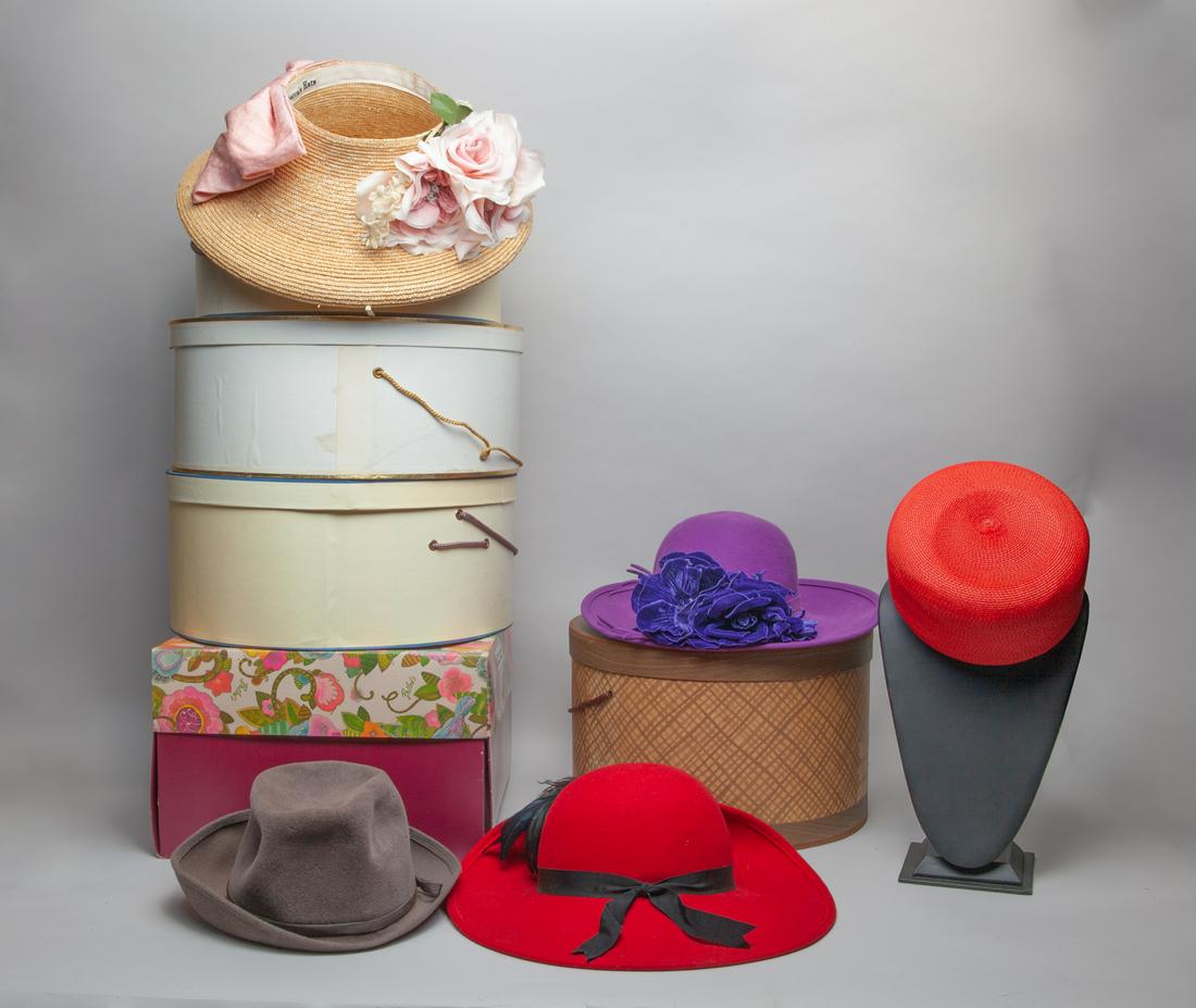 Collectible Vintage Lady Hats: Group of five elegant vintage designed lady hats, each with a box. 14.7inch W, 5.2inch H (largest).