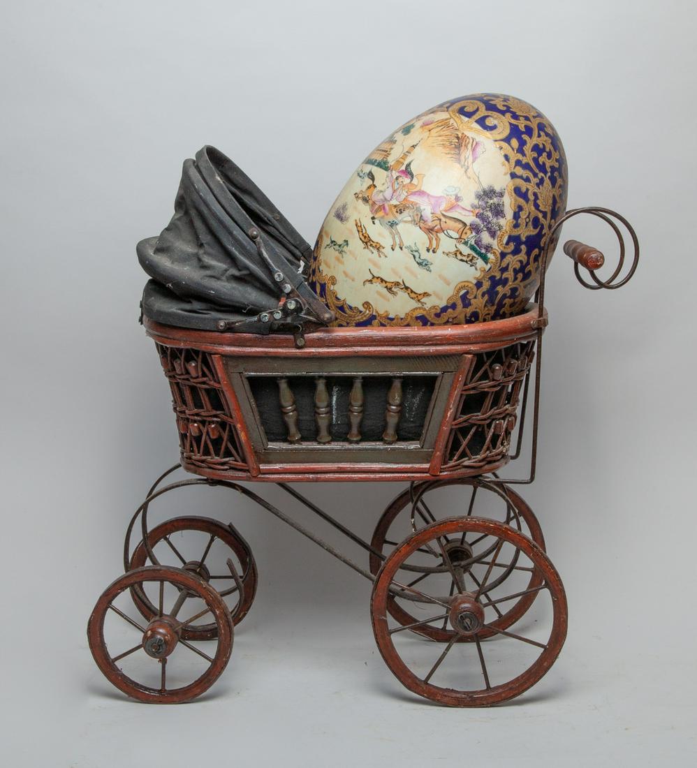 Antique/Vintage Decor Cradle & Porcelain Egg: Including a vintage cradle and a large porcelain egg decor. 19-22-9inch (cradle size).