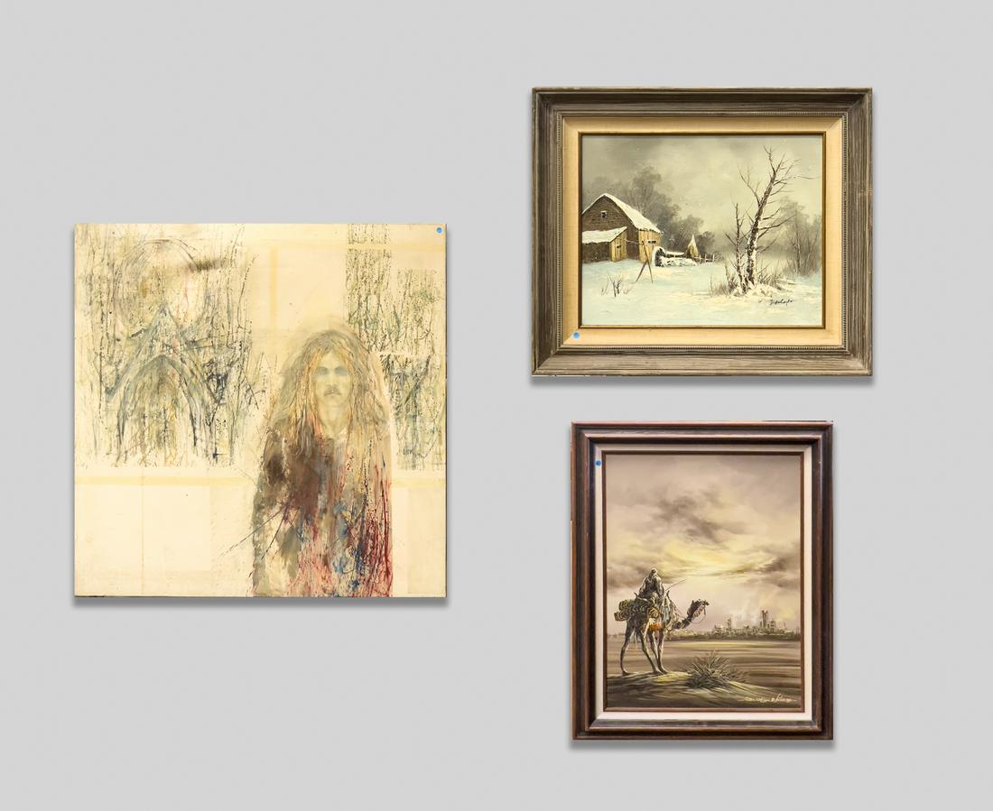 Collectible Vintage Oil Painting: Group of three oil paintings of figure, landscape, or a figure riding on a camel in landscape, wherein two pieces framed. 35.75inch L, 35.75inch W (largest).
