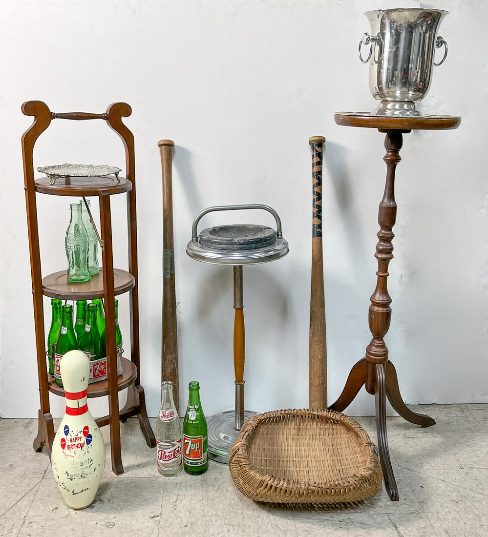 Estate Vintage 7UP Coke Bottles & Decors: Including vintage 7UP and Coke glass bottles, silver-plated chargers and pots, baseball bats and wood carved stands. 35.5inch H, 17.5inch W (largest).