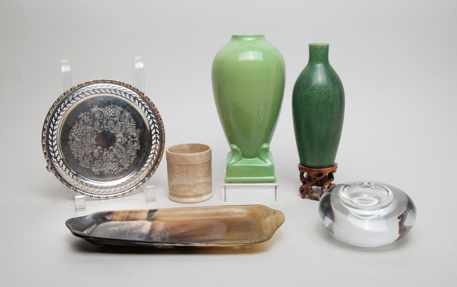 Collectible House Porcelain Decors & Art Pieces: Including 2 porcelain vases, 1 porcelain cup, a horn long plate, an art crystal glass decor on silver-plated stand. 8inch H, 3.8inch W (largest vase size).