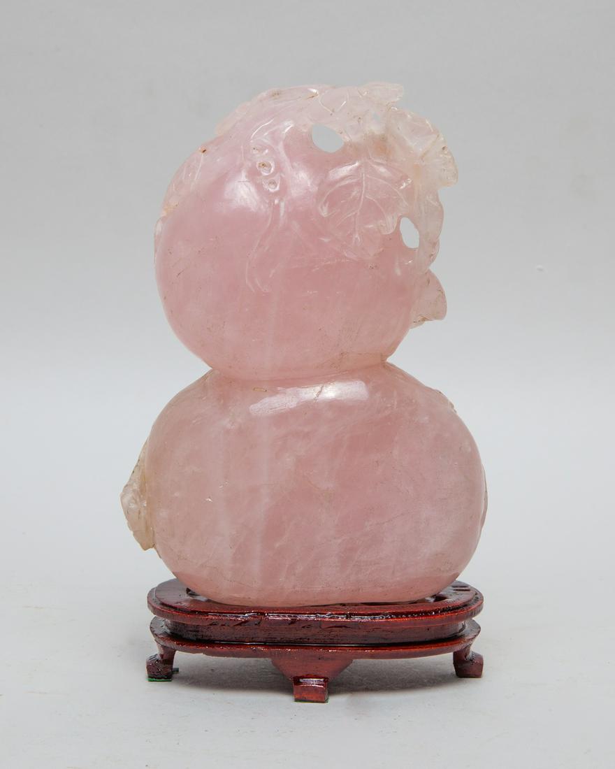 Antique Chinese Rose Quartz Gourd: Antique Chinese carved rose quartz table sculpture of gourd, w/ wood stand. 7.5 inch H, 4.5 inch W (w/ stand).