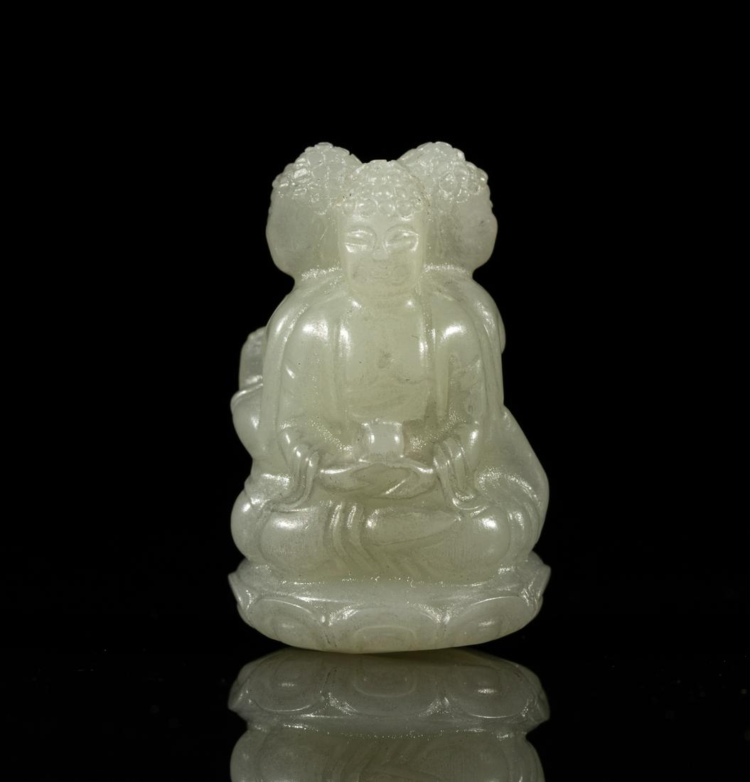 Chinese Jade Toggle of Buddha Type Drop Bead: Pale celadon jade deftly carved as three joint Buddha seated on a lotus base, one Buddha hands in dhyana mudra holding a bowl, one hands in namaskara mudra, the other with left hand holding a bowl and